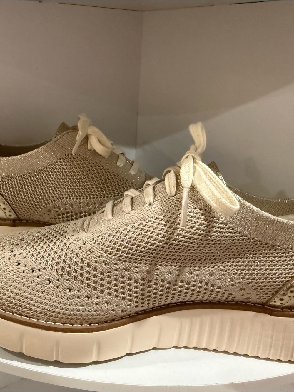 Cole Haan Beige Knit Platform Stitch-Lite Oxfords with Gold Accent